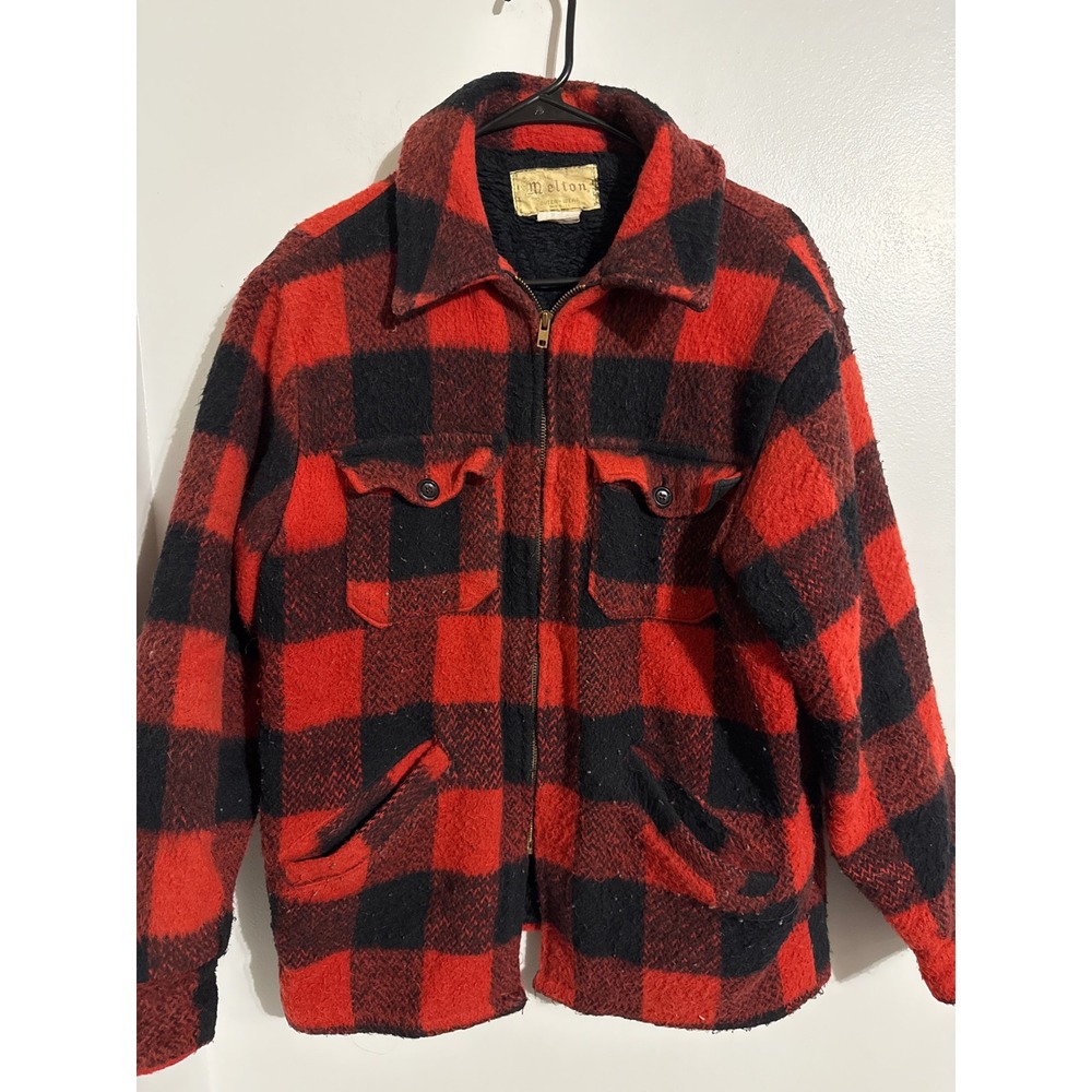 Vintage 70s Melton Outerwear Mens Buffalo Plaid Wool Zip Jacket USA Made